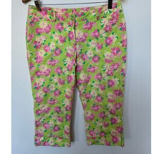 Lilly Pulitzer VTG Daisy Floral Mid Rise Capri Pants Cuff Pockets Green Sz 4